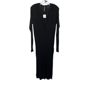 Free People Womens Duster Cardigan Button Long Sleeve Black Ribbed Small New